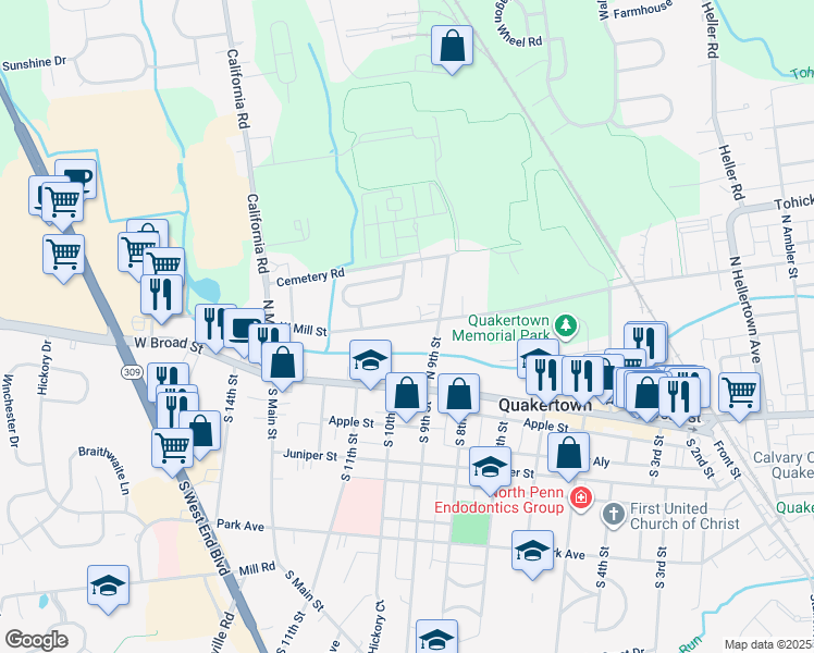 map of restaurants, bars, coffee shops, grocery stores, and more near 932 West Mill Street in Quakertown