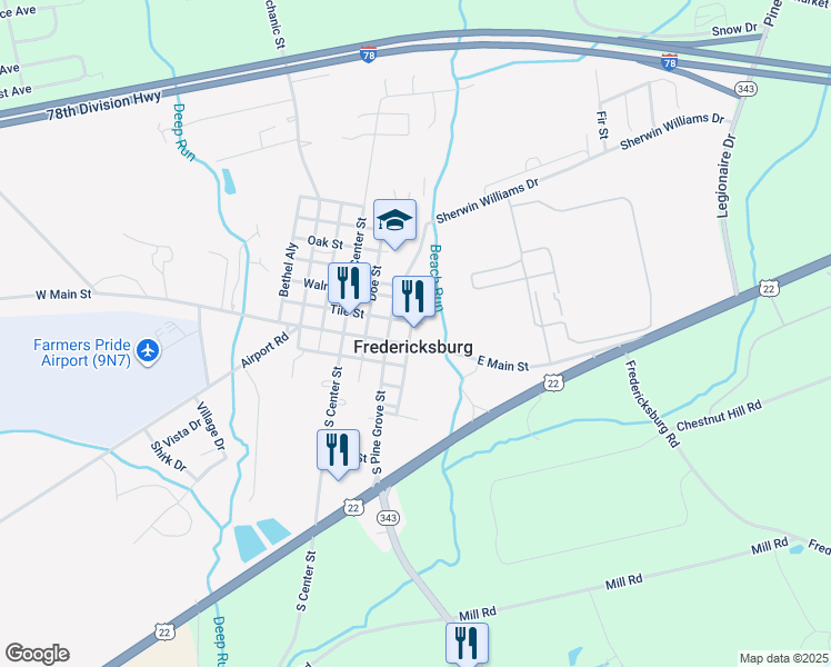 map of restaurants, bars, coffee shops, grocery stores, and more near 141 East Main Street in Fredericksburg