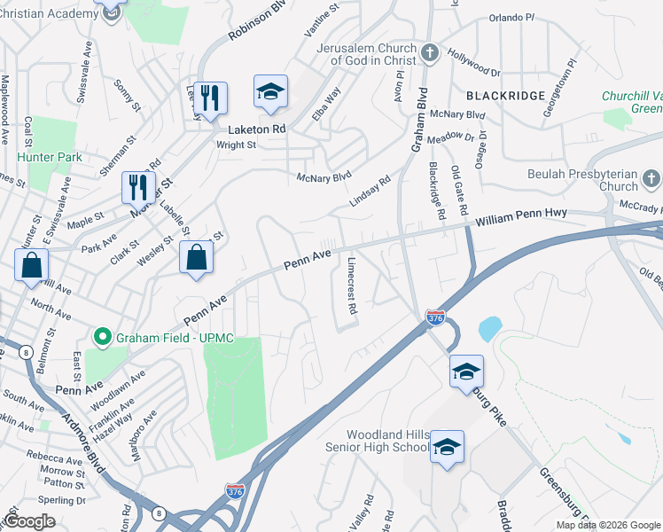 map of restaurants, bars, coffee shops, grocery stores, and more near 1942 William Penn Highway in Pittsburgh