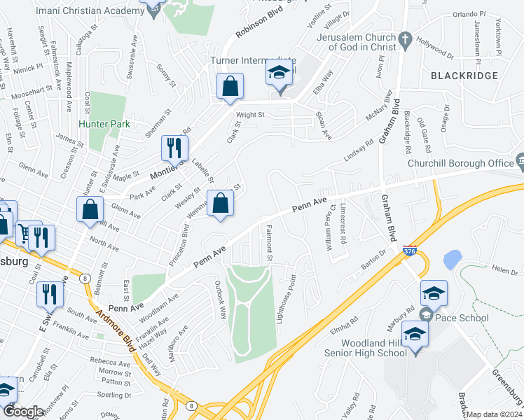map of restaurants, bars, coffee shops, grocery stores, and more near 1717 Penn Avenue in Pittsburgh