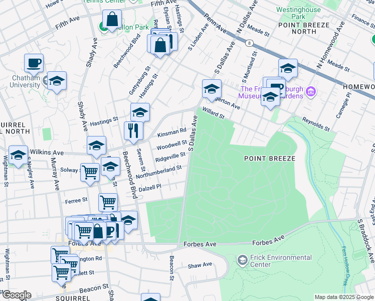 map of restaurants, bars, coffee shops, grocery stores, and more near 6676 Woodwell Street in Pittsburgh