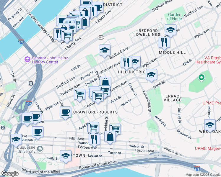 map of restaurants, bars, coffee shops, grocery stores, and more near 2016 Wylie Avenue in Pittsburgh