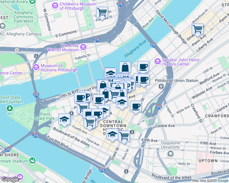 map of restaurants, bars, coffee shops, grocery stores, and more near in Pittsburgh