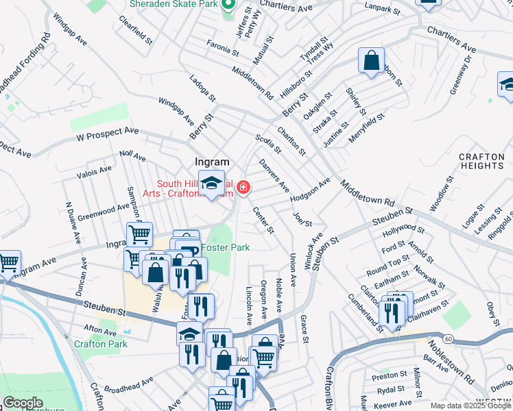 map of restaurants, bars, coffee shops, grocery stores, and more near 2725 Center Street in Pittsburgh