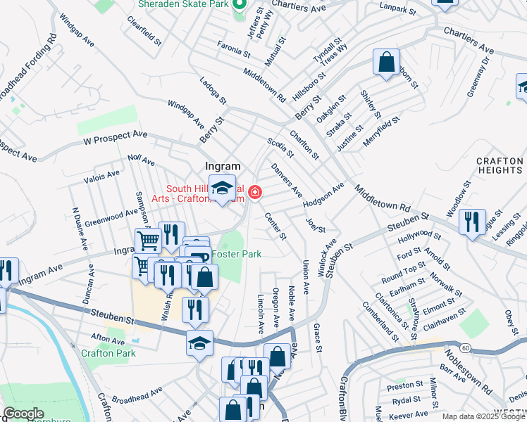 map of restaurants, bars, coffee shops, grocery stores, and more near 2725 Center Street in Pittsburgh