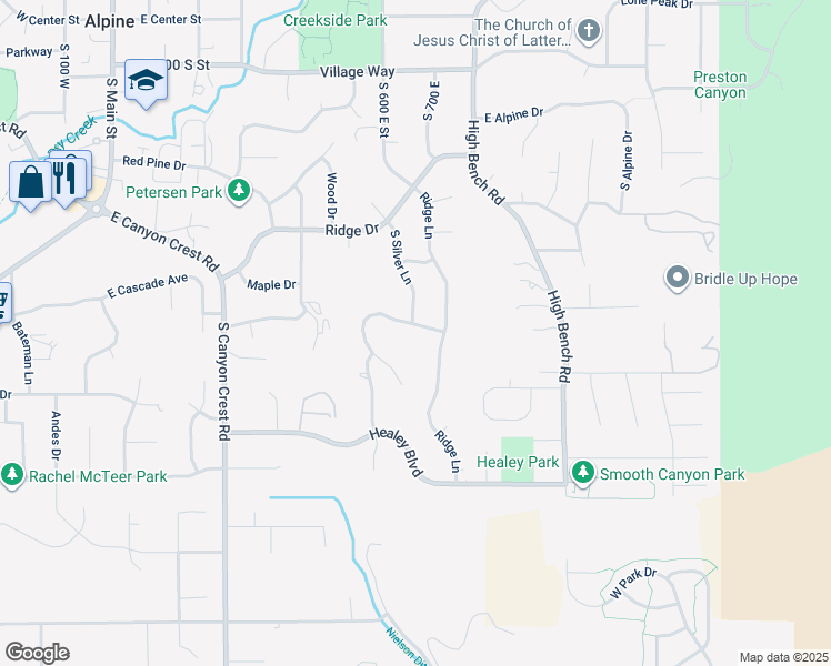 map of restaurants, bars, coffee shops, grocery stores, and more near 658 High Ridge Lane in Alpine