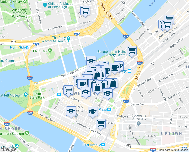 map of restaurants, bars, coffee shops, grocery stores, and more near 907 Penn Avenue in Pittsburgh