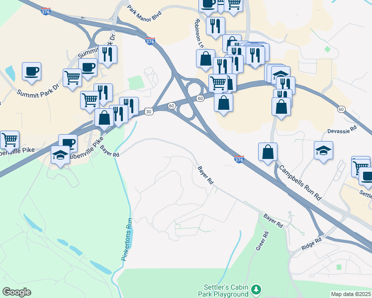 map of restaurants, bars, coffee shops, grocery stores, and more near 100 Bayer Road in Pittsburgh