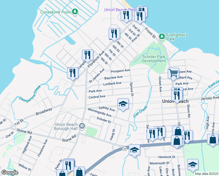 map of restaurants, bars, coffee shops, grocery stores, and more near 235 Park Avenue in Union Beach