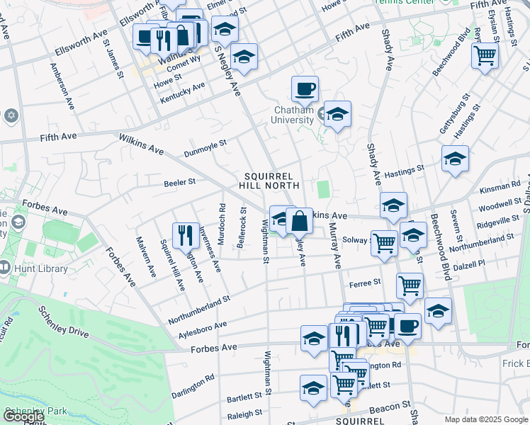 map of restaurants, bars, coffee shops, grocery stores, and more near Wilkins Avenue & Wightman Street in Pittsburgh