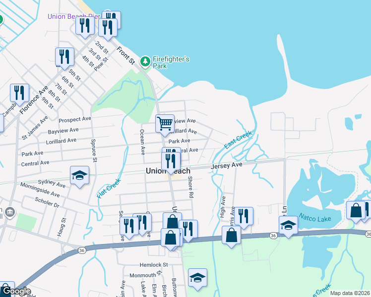 map of restaurants, bars, coffee shops, grocery stores, and more near 726 Park Avenue in Union Beach