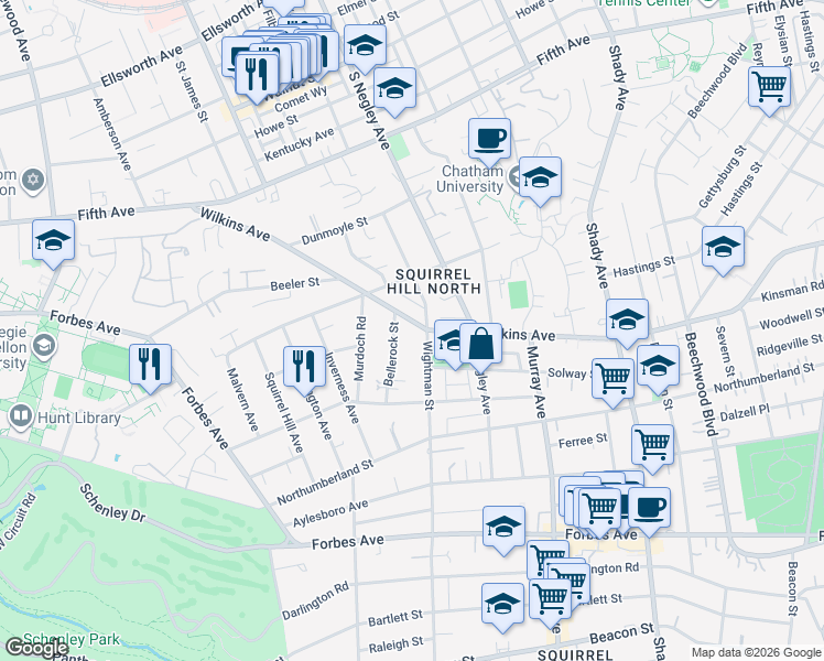 map of restaurants, bars, coffee shops, grocery stores, and more near 5562 Wilkins Avenue in Pittsburgh