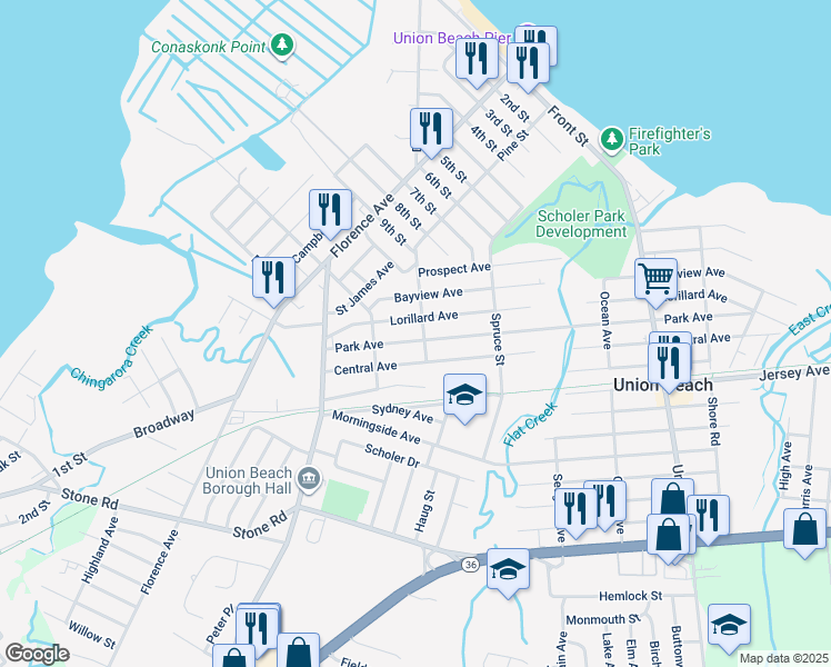 map of restaurants, bars, coffee shops, grocery stores, and more near 235 Park Avenue in Union Beach