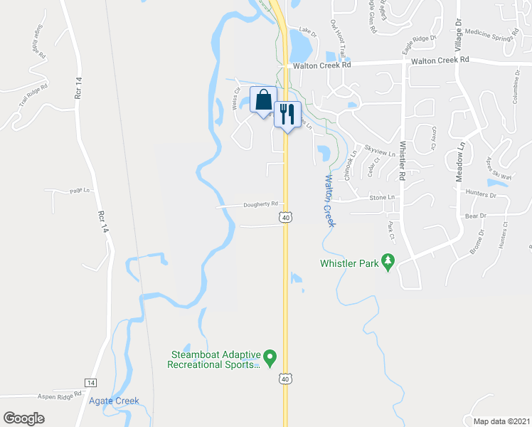 map of restaurants, bars, coffee shops, grocery stores, and more near 821 Dougherty Road in Steamboat Springs