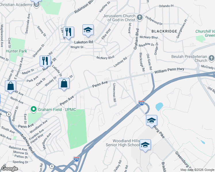 map of restaurants, bars, coffee shops, grocery stores, and more near 1942 William Penn Highway in Pittsburgh