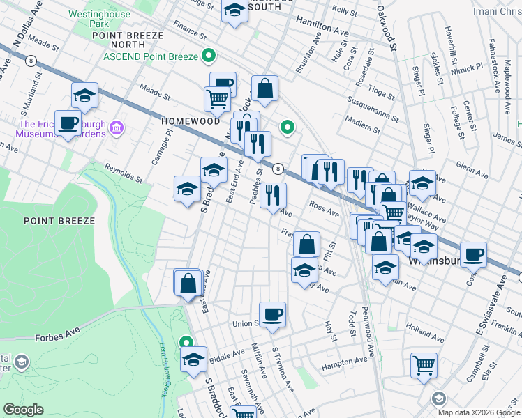 map of restaurants, bars, coffee shops, grocery stores, and more near 303 Peebles Street in Pittsburgh