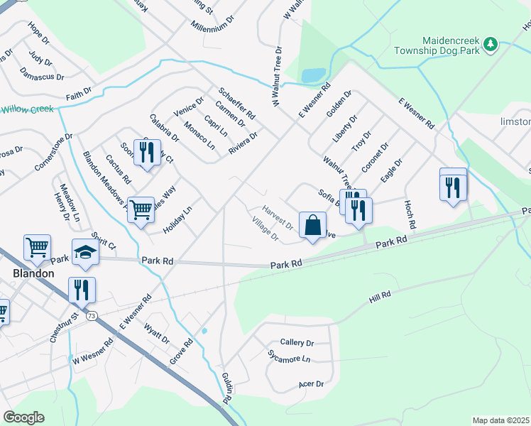 map of restaurants, bars, coffee shops, grocery stores, and more near 517 Harvest Drive in Blandon