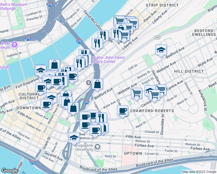 map of restaurants, bars, coffee shops, grocery stores, and more near 1435 Bedford Avenue in Pittsburgh