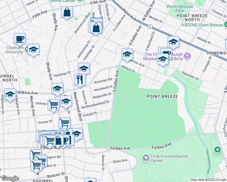 map of restaurants, bars, coffee shops, grocery stores, and more near 6676 Woodwell Street in Pittsburgh