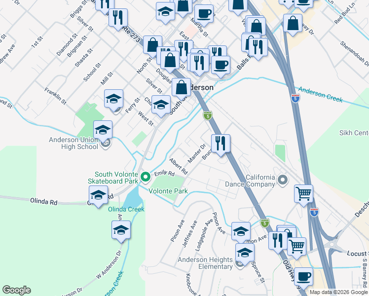 map of restaurants, bars, coffee shops, grocery stores, and more near 2639 Albert Road in Anderson