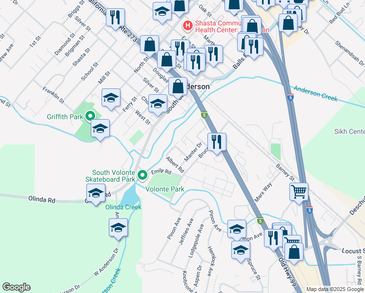 map of restaurants, bars, coffee shops, grocery stores, and more near in Anderson