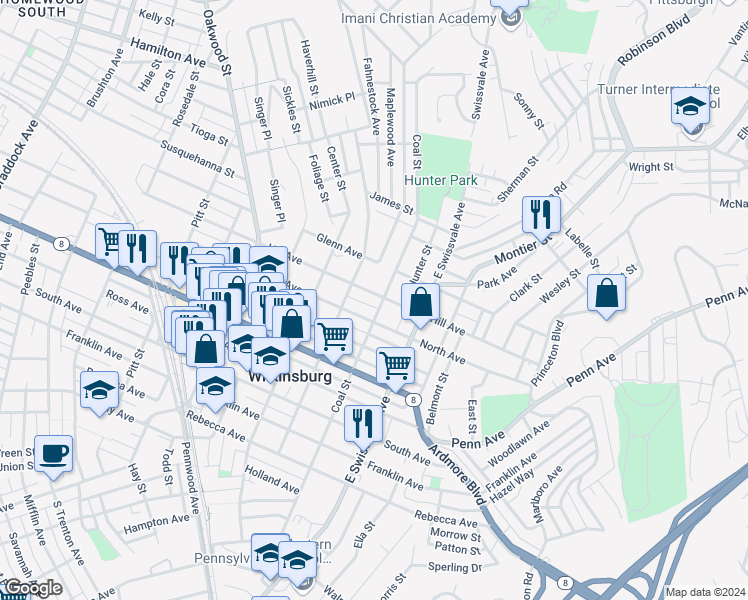 map of restaurants, bars, coffee shops, grocery stores, and more near 923 Hill Avenue in Pittsburgh
