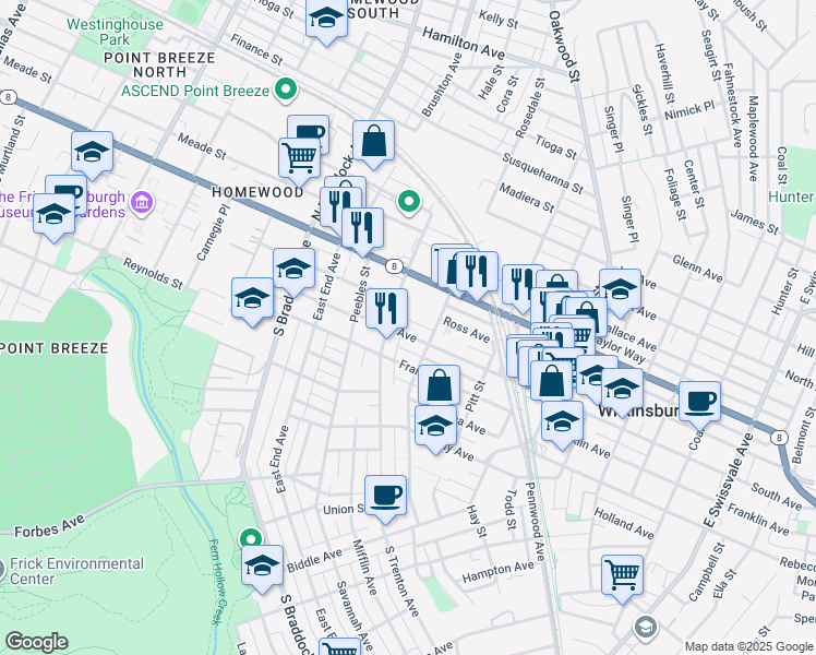 map of restaurants, bars, coffee shops, grocery stores, and more near 215 South Trenton Avenue in Pittsburgh