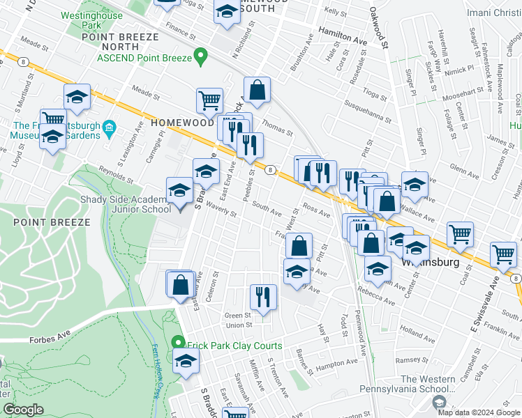map of restaurants, bars, coffee shops, grocery stores, and more near 303 Peebles Street in Pittsburgh