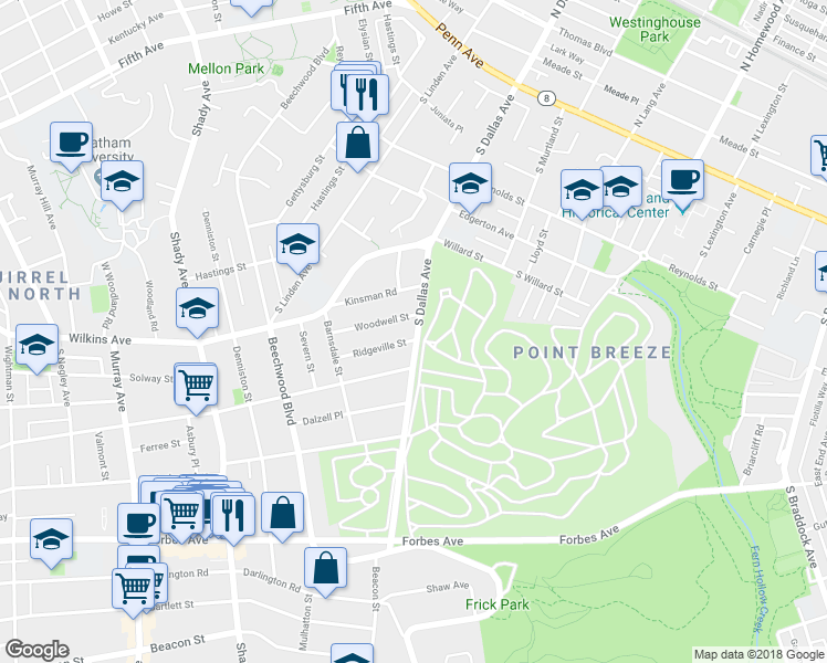map of restaurants, bars, coffee shops, grocery stores, and more near 6676 Woodwell Street in Pittsburgh