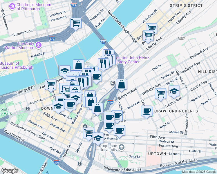 map of restaurants, bars, coffee shops, grocery stores, and more near 1100 Liberty Avenue in Pittsburgh