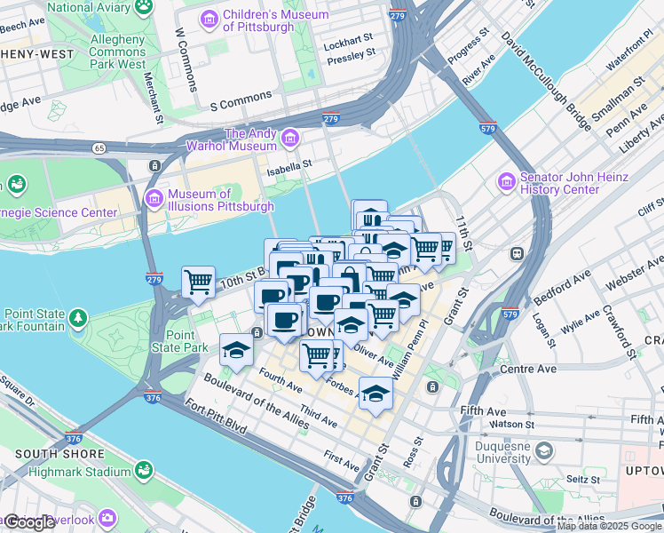 map of restaurants, bars, coffee shops, grocery stores, and more near 100 Fort Duquesne Boulevard in Pittsburgh