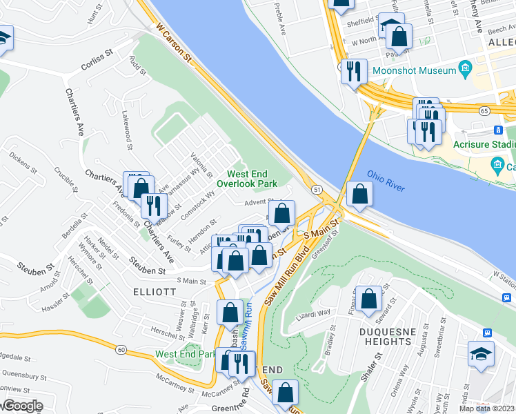 map of restaurants, bars, coffee shops, grocery stores, and more near 15 Angle Street in Pittsburgh