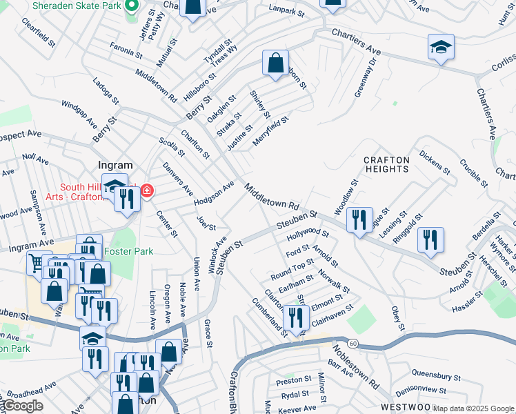 map of restaurants, bars, coffee shops, grocery stores, and more near 2638 Middletown Road in Pittsburgh