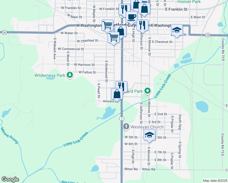 map of restaurants, bars, coffee shops, grocery stores, and more near 801 South Cherry Street in Hartford City
