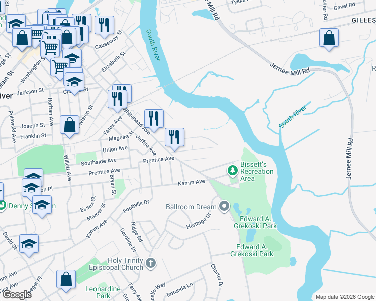 map of restaurants, bars, coffee shops, grocery stores, and more near 55 Armstrong Avenue in South River