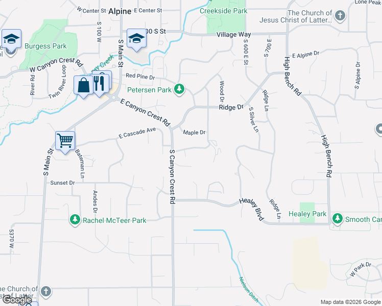 map of restaurants, bars, coffee shops, grocery stores, and more near 303 Pheasant Ridge Drive in Alpine