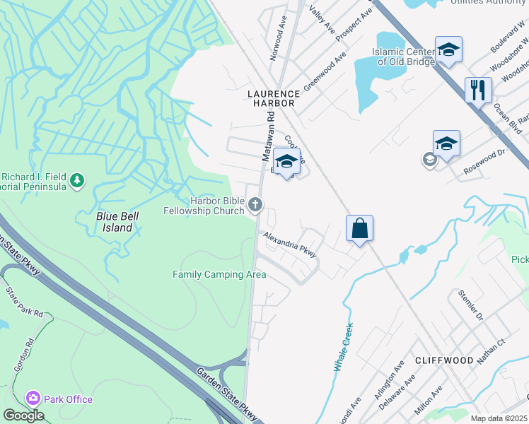 map of restaurants, bars, coffee shops, grocery stores, and more near 24 Harbor Bay Circle in South Amboy