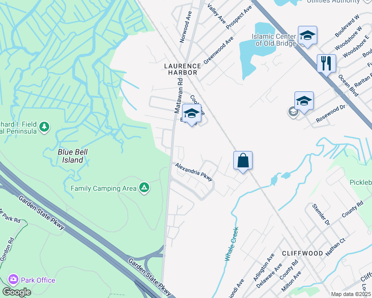 map of restaurants, bars, coffee shops, grocery stores, and more near 17 Harbor Bay Circle in South Amboy