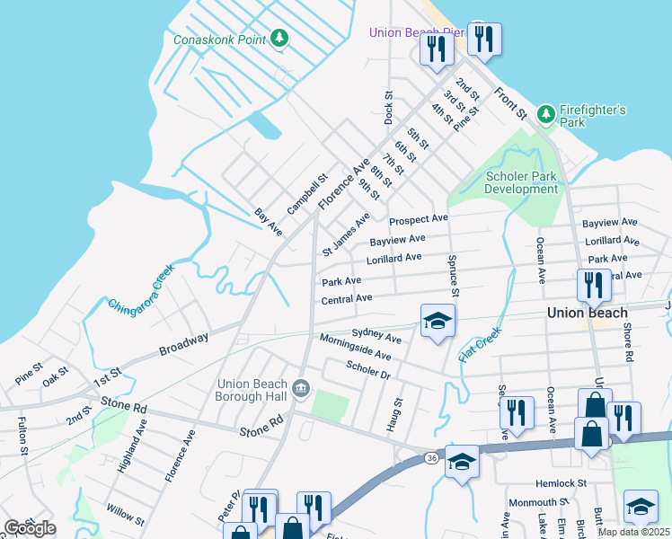 map of restaurants, bars, coffee shops, grocery stores, and more near 210 Saint James Avenue in Union Beach
