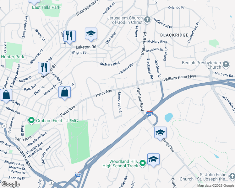 map of restaurants, bars, coffee shops, grocery stores, and more near 1942 William Penn Highway in Pittsburgh