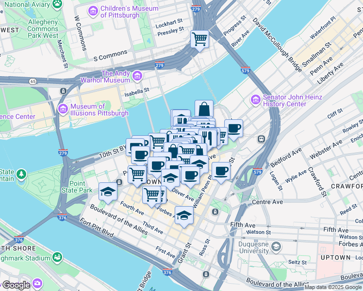 map of restaurants, bars, coffee shops, grocery stores, and more near 9th Street in Pittsburgh