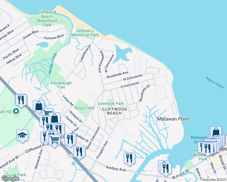 map of restaurants, bars, coffee shops, grocery stores, and more near 843 South Concourse in Keyport