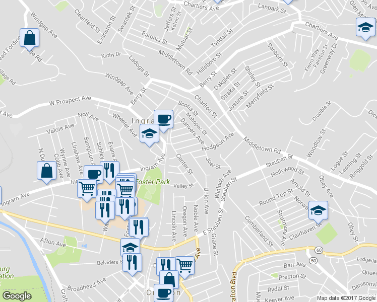 map of restaurants, bars, coffee shops, grocery stores, and more near 19 Hodgson Avenue in Pittsburgh