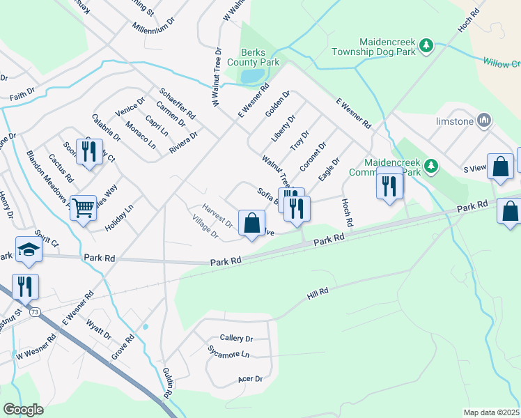map of restaurants, bars, coffee shops, grocery stores, and more near 108 Lidia Lane in Blandon