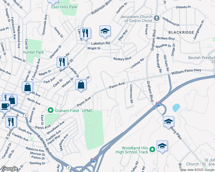 map of restaurants, bars, coffee shops, grocery stores, and more near 1815 Penn Avenue in Pittsburgh