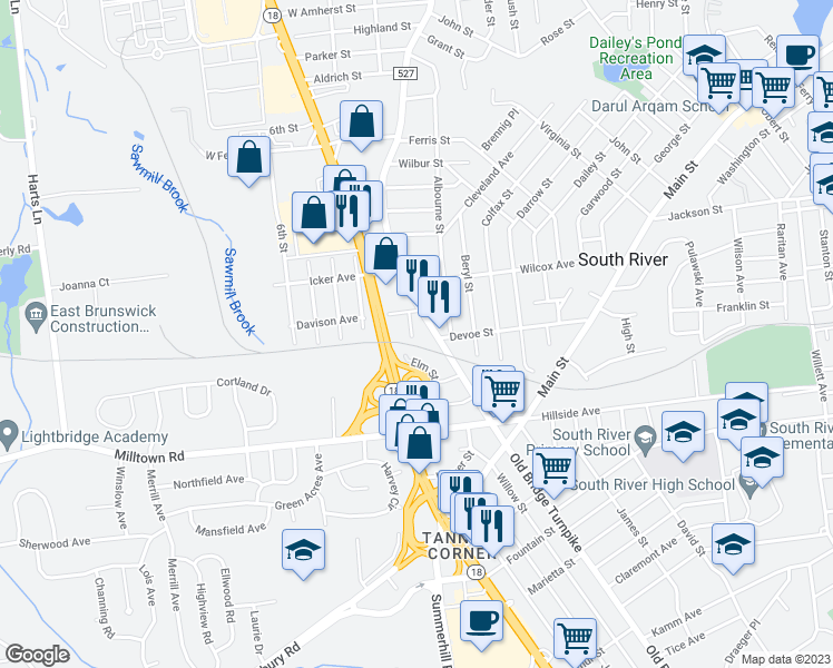 map of restaurants, bars, coffee shops, grocery stores, and more near 12 1st Street in East Brunswick
