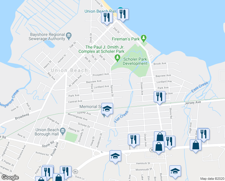 map of restaurants, bars, coffee shops, grocery stores, and more near 498 Spruce St in Union Beach