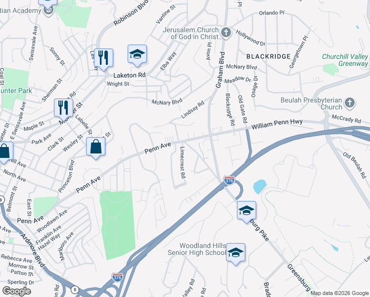 map of restaurants, bars, coffee shops, grocery stores, and more near 2100 William Penn Highway in Pittsburgh