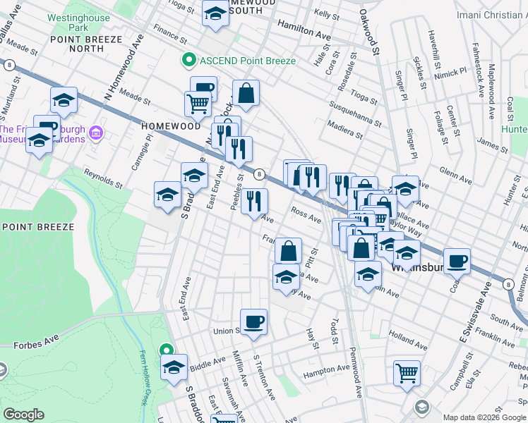 map of restaurants, bars, coffee shops, grocery stores, and more near 215 South Trenton Avenue in Pittsburgh