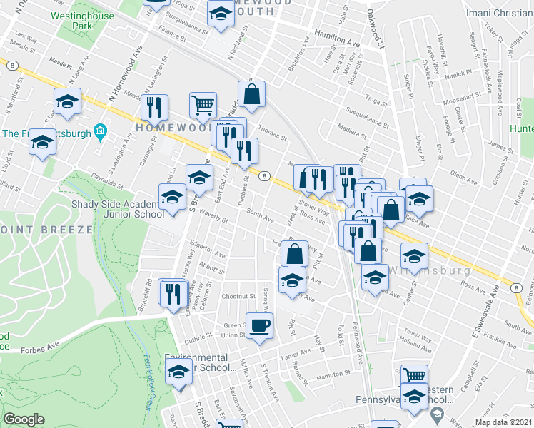 map of restaurants, bars, coffee shops, grocery stores, and more near 215 South Trenton Avenue in Pittsburgh
